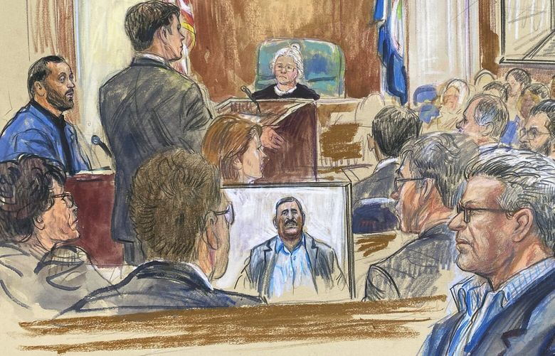 FILE – This courtroom sketch depicts a former detainee at Abu Ghraib prison, Salah Al-Ejaili, foreground with glasses, at the trial of CACI, a Virginia-based military contractor who is accused of contributing to the abuse and torture of detainees at Abu Ghraib, in U.S. District Court in Alexandria, Va., April 16, 2024. (Dana Verkouteren via AP, File) NYRL328 NYRL328