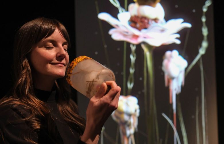 Inga shows how the accompanying scent makes vivid the video loop artwork on the wall.  

Fischersund: Faux Flora is a new exhibit at the National Nordic Museum.  The Icelandic family-run art collective, founded by siblings Jónsi, Inga, Sigurrós, and Lilja is an immersive multimedia exhibit that integrates scent, sound, sculpture, 3D-graphics and photography. 228330