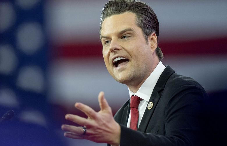 FILE – Rep. Matt Gaetz, R-Fla., speaks during the Conservative Political Action Conference, CPAC 2024, at the National Harbor, in Oxon Hill, Md., Feb. 23, 2024. (AP Photo/Alex Brandon, File) WX115 WX115