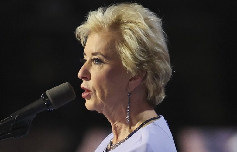 FILE — Linda McMahon speaks during the Republican National Convention in Milwaukee, on July 18, 2024. McMahon, President-elect Donald Trump’s choice for education secretary and who ran World Wrestling Entertainment for decades, was accused in the lawsuit of not preventing one of the organization’s employees from victimizing children who helped set up wrestling rings. (Maddie McGarvey/The New York Times) XNYT0113 XNYT0113