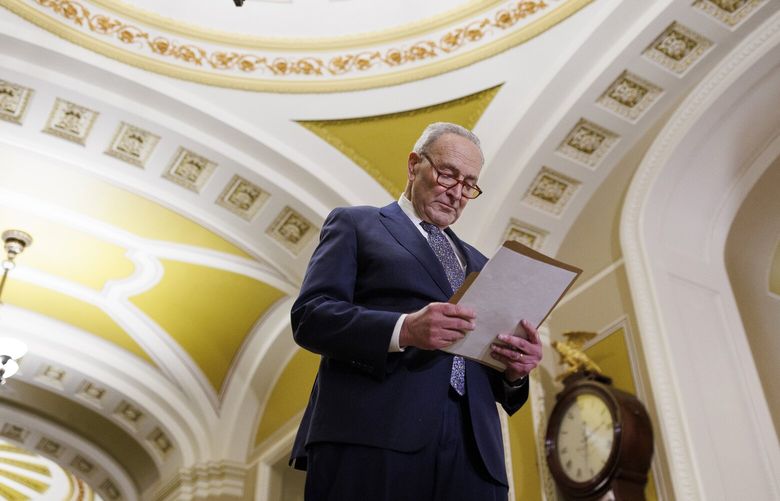 FILE – Senate Majority Leader Chuck Schumer (D-N.Y.) prepares to speak at a news conference at the Capitol in Washington on Sept. 17, 2024. Schumer does not want Republicans to be able to paint him as the face of the opposition, which could help rally them around President-elect Donald Trump’s picks. (Tom Brenner/The New York Times) XNYT0977 XNYT0977