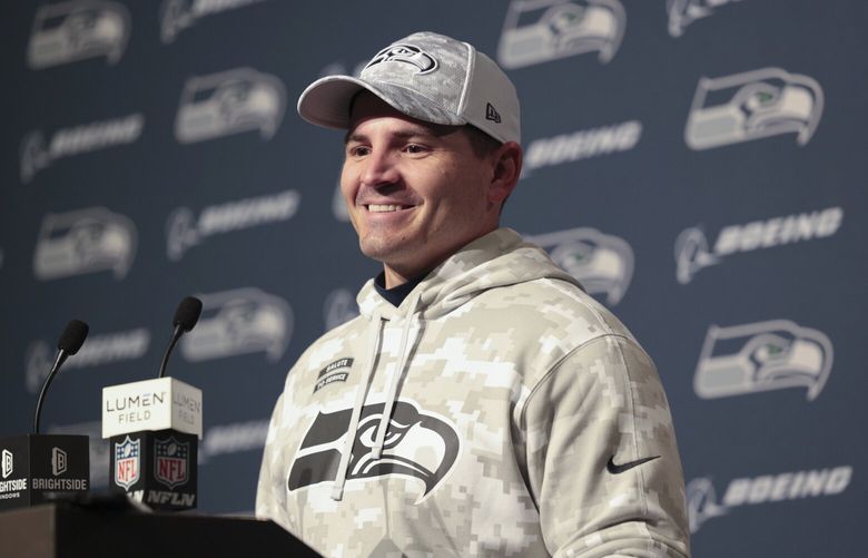 Seattle Seahawks head coach Mike Macdonald speaks during a news conference after an NFL football game Sunday, Nov. 24, 2024, in Seattle. The Seahawks won 16-6. (AP Photo/Jason Redmond) WAJK163 WAJK163