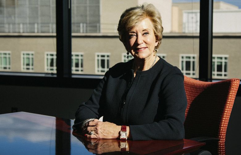FILE — Linda McMahon, the administrator of the Small Business Association, at her office in Washington, Jan. 24, 2018. Years ago, people questioned whether McMahon should have an important role in education because of her years running — and participating in — professional wrestling. Now she’s up for education secretary. (Ariel Zambelich/The New York Times) XNYT0878
