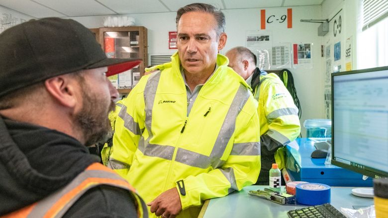 New Boeing CEO Kelly Ortberg met with employees at the jet delivery center at Boeing Field on Aug. 20. He&#8217;s told employees he wants to get management closer to the people working on the factory floor. (Marian Lockhart / Boeing)