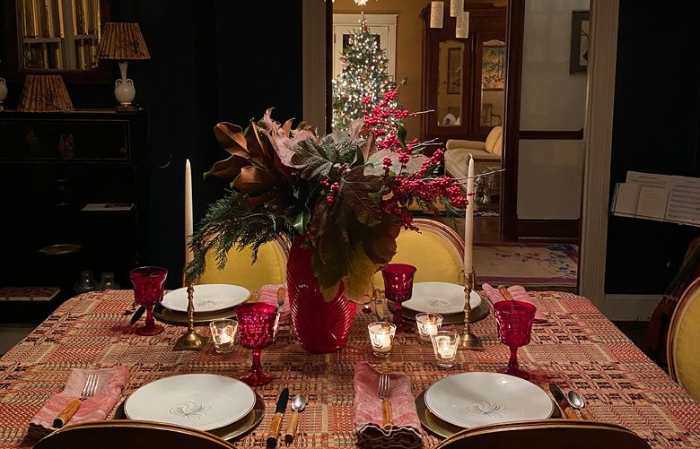 Anna Weaver went with a vintage look for her 2023 holiday table, including a 19th-century textile repurposed as a tablecloth. (Courtesy of Anna Weaver)