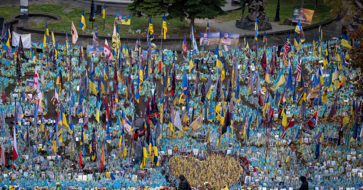 A makeshift memorial grows in Ukraine’s capital after 1,000 days of war