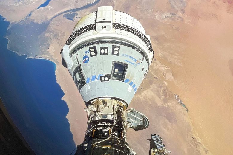 Boeing&#8217;s Starliner spacecraft docked to the International Space Station, orbiting 262 miles above Egypt&#8217;s Mediterranean coast in June. Aboard were astronauts Butch Wilmore and Suni Williams. Their planned stay of 8 days stretched into months when thrusters on Starliner failed. They are expected to return to earth early next year on a SpaceX rocket. (NASA via AP) 