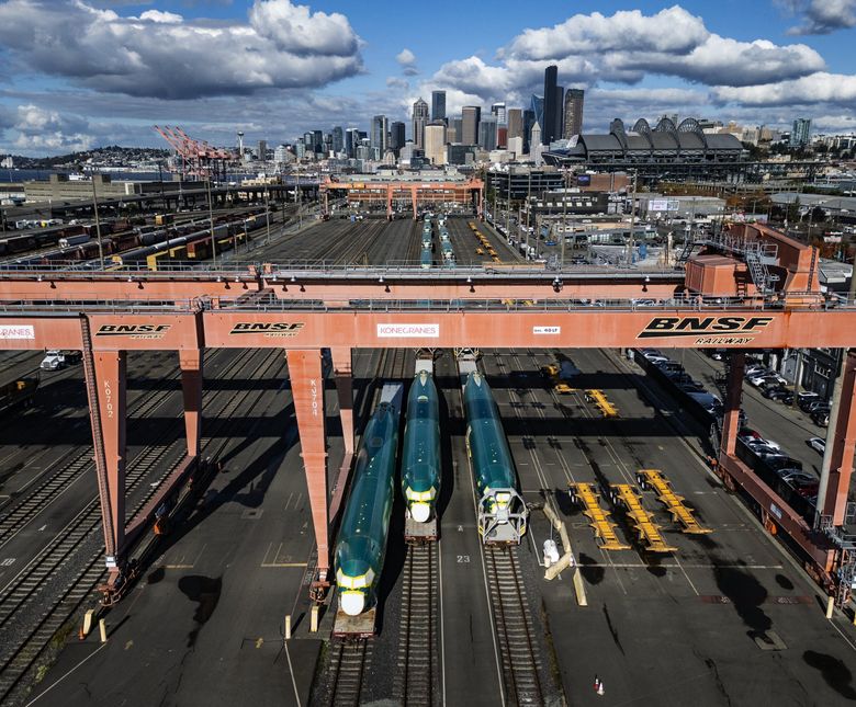 Boeing 737 MAX fuselages sent from Spirit AeroSystems in Wichita for final assembly in Renton piled up on train cars in a rail yard just south of the stadiums in SODO during the Machinists strike that ended last month. The first step in Boeing&#8217;s recovery has to be safely ramping up MAX production again to bring in cash. (Ken Lambert / The Seattle Times)