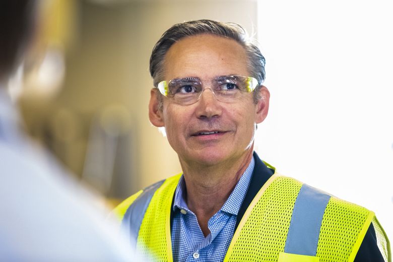 Boeing CEO Kelly Ortberg visits the company’s factory in Renton on Aug. 8. (Boeing)