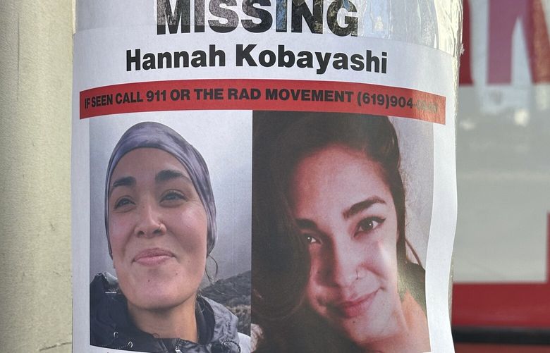 A flyer with information on Hannah Kobayashi, currently missing, is displayed Thursday, Nov. 21, 2024 in Los Angeles. (AP Photo/Damian Dovarganes) LA156 LA156