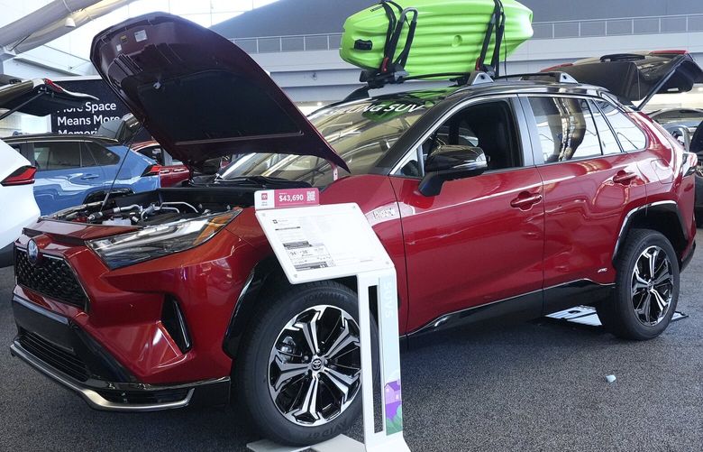 FILE – A Toyota RAV4 Prime is displayed at the Pittsburgh International Auto Show in Pittsburgh, Feb. 15, 2024. (AP Photo/Gene J. Puskar, File) NYDD244 NYDD244