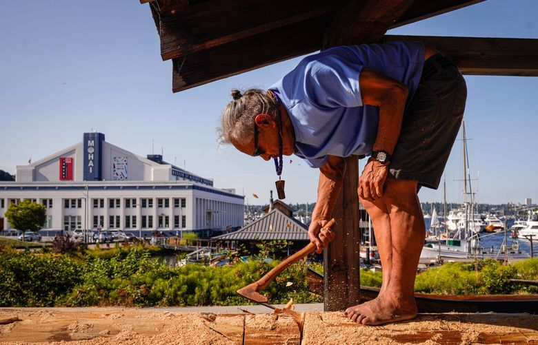 Saaduuts Peele uses a pickaxe to cut his way down the canoe at the Center for Wooden Boats in South Lake Union, Seattle, on Friday, July 26, 2024. 227609