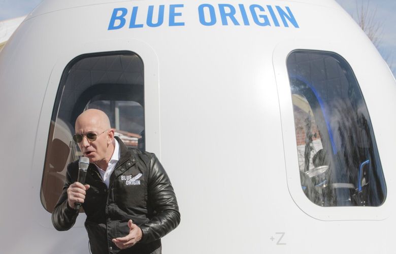 Jeff Bezos, founder of Amazon.com and Blue Origin, speaks at the unveiling of the Blue Origin New Shepard  in Colorado Springs, Colorado, in 2017. (Matthew Staver / Bloomberg)