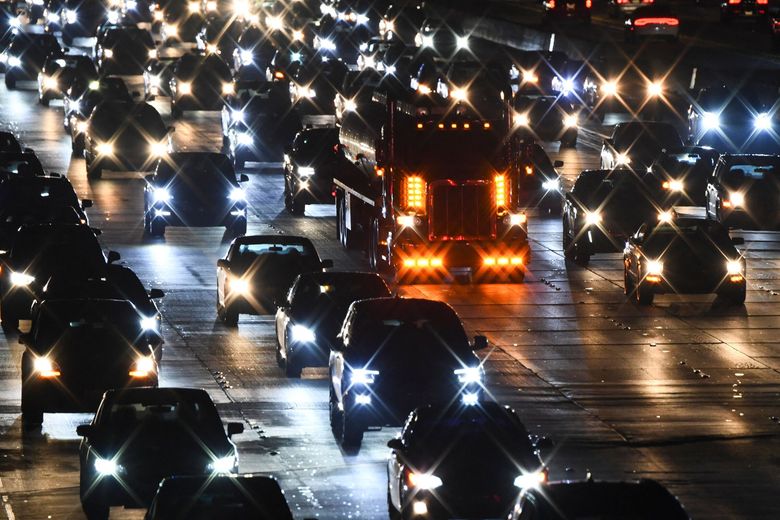 A gasoline fuel tanker truck drives alongside cars, trucks, and sport utility vehicles on the 405 Freeway during rush hour traffic as oil and gasoline fuel prices experienced an increase on March 10, 2022, in Los Angeles. (Patrick T. Fallon/AFP / TNS)
