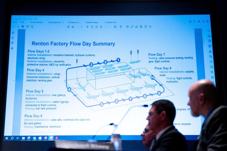 An exhibit slide is projected during an investigative hearing by the National Transportation Safety Board on Aug. 6. Seven months after a Boeing 737 MAX aircraft lost a fuselage panel during flight, federal safety investigators held hearings to uncover any remaining mysteries surrounding the accident that plunged Boeing into crisis. (Al Drago / Bloomberg)