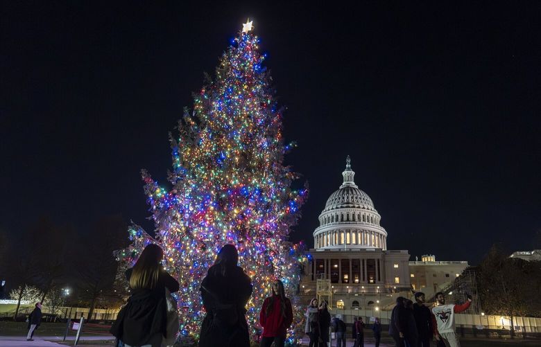 The Capitol Christmas tree is illuminated in Washington, after the Republican-controlled House of Representatives failed to pass an interim spending bill, Thursday, Dec. 19, 2024. President-elect Donald Trump abruptly rejected a bipartisan plan to prevent a Christmastime government shutdown. (AP Photo/J. Scott Applewhite) DCSA134 DCSA134