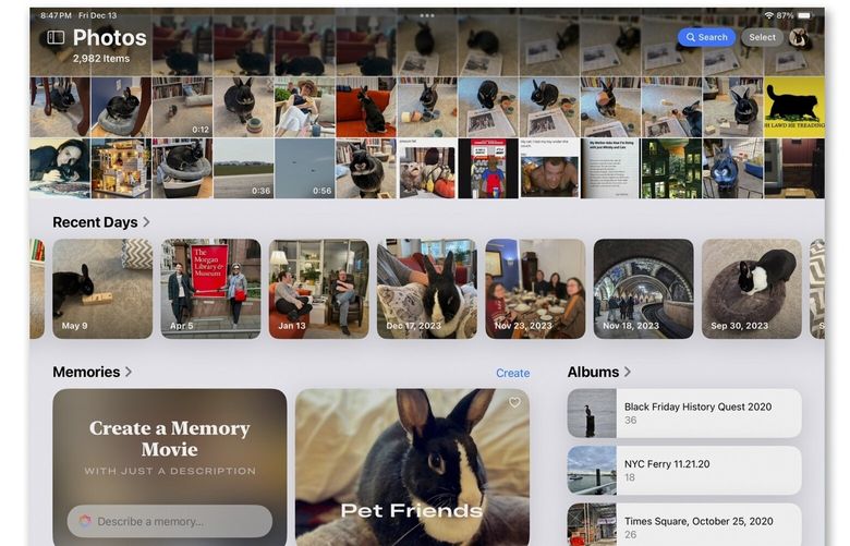 Apple’s Photos app, revamped for the recent iOS 18, puts the library, album collections and other menus all on one screen. Redesigned interfaces, new features and artificial intelligence are meant to enhance the experience, even if the changes can be confusing at first. (Apple via The New York Times)