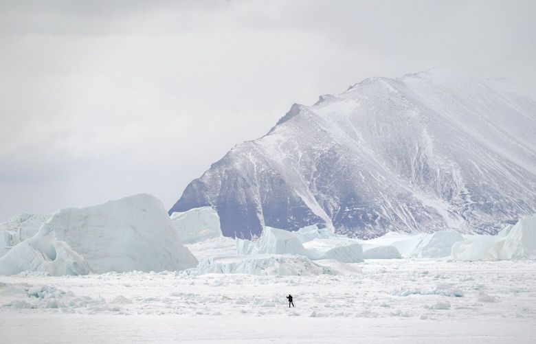 A skier crosses sea ice in Qaanaaq in 2023. (MUST CREDIT: Bonnie Jo Mount/The Washington Post)