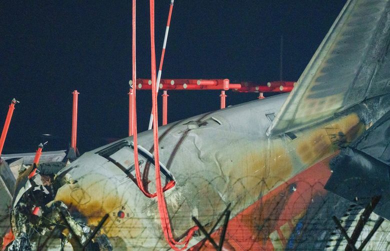 What remains of the tail of the Jeju Air passenger jet crash in Muan South Korea, Dec. 29, 2024. A widely used Boeing aircraft, the 737-800, was involved in Sunday’s crash-landing of a Jeju Air flight that killed 179 people. (Chang W. Lee/The New York Times) XNYT0393