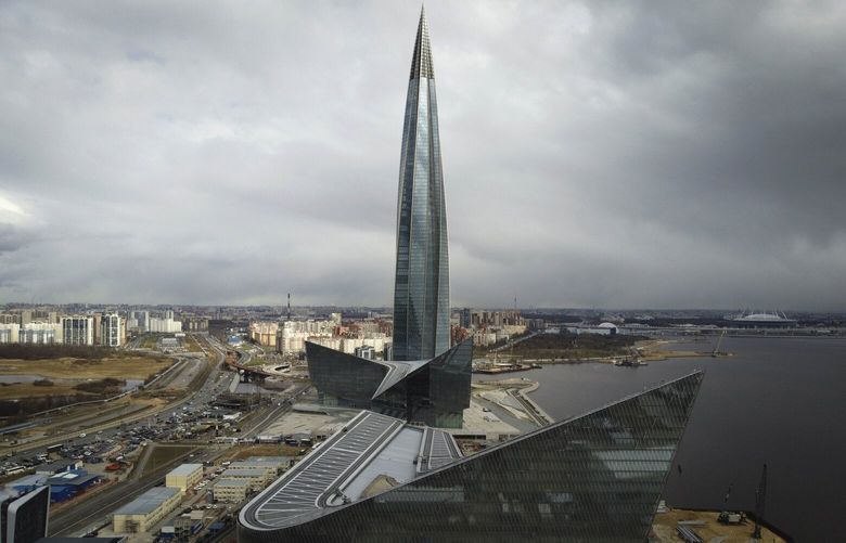 FILE – A view of the business tower Lakhta Centre, the headquarters of Russian gas monopoly Gazprom in St. Petersburg, Russia, April 27, 2022.  (AP Photo/Dmitri Lovetsky, File) AMB111 AMB111