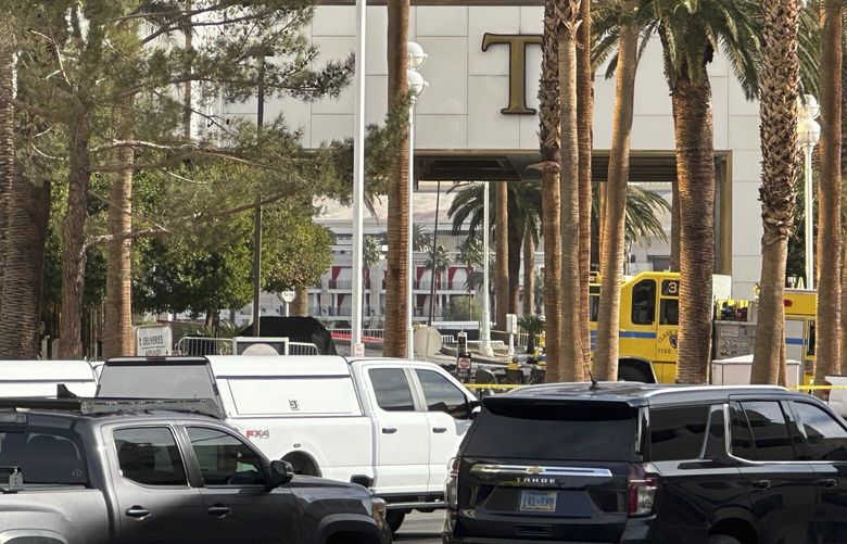 Police block the area after a vehicle caught fire and exploded outside the lobby of President-elect Donald Trump’s hotel Wednesday, Jan. 1, 2025.   (AP Photo/Ty ONeil) NVTO304 NVTO304