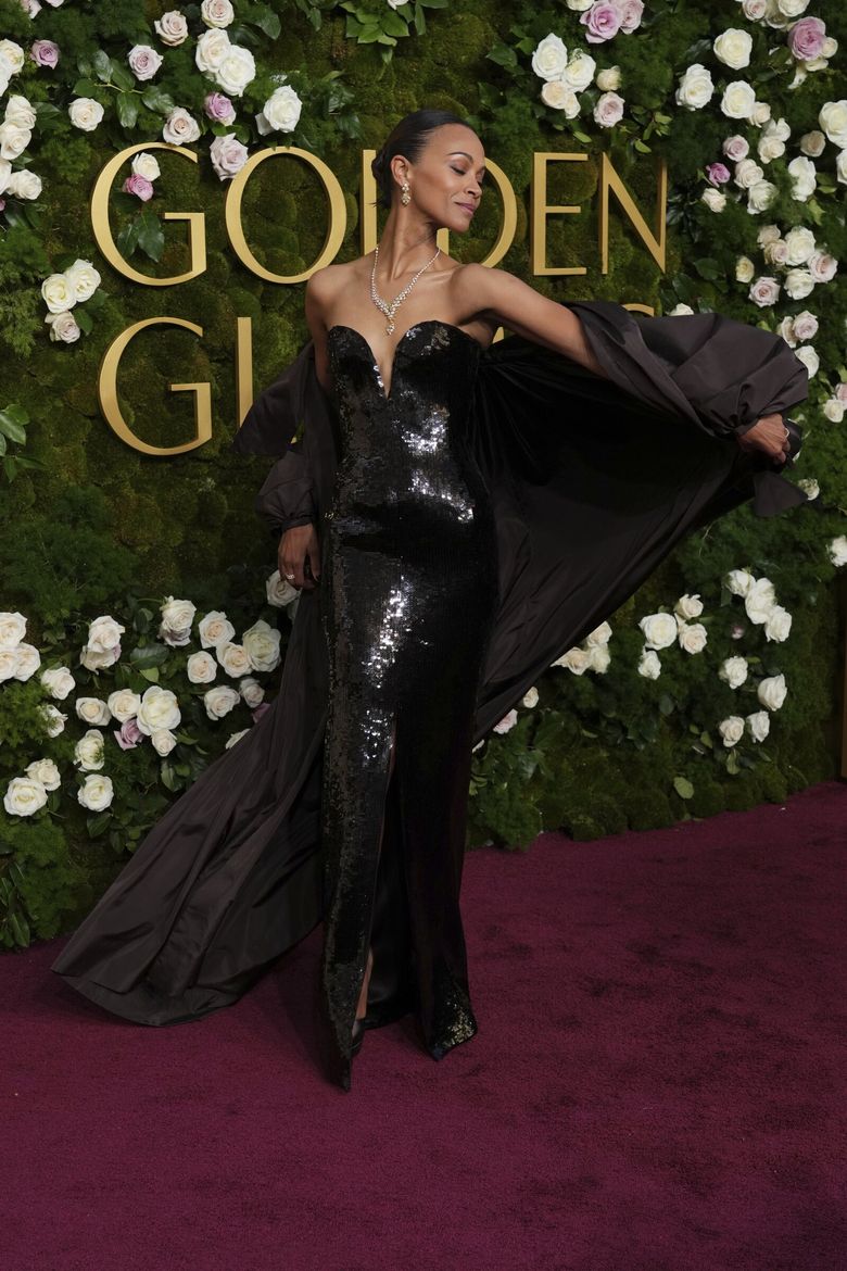 zoe saldana golden globes dress Zoe Saldaa Is a Bombshell in a Sequin Saint Laurent Gown at the 2025 Golden Globes
