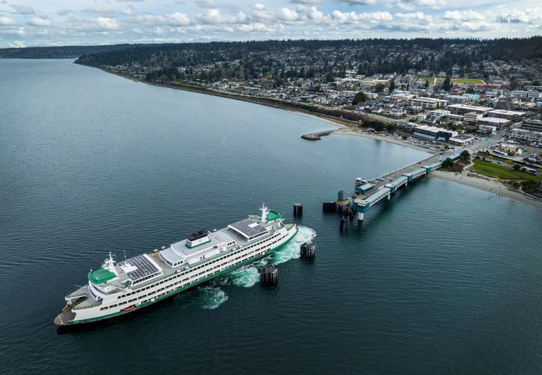 Downtown Edmonds is seen from the air with the M/V Puyallup arriving from Kingston. (Ken Lambert / The Seattle Times, 2023)