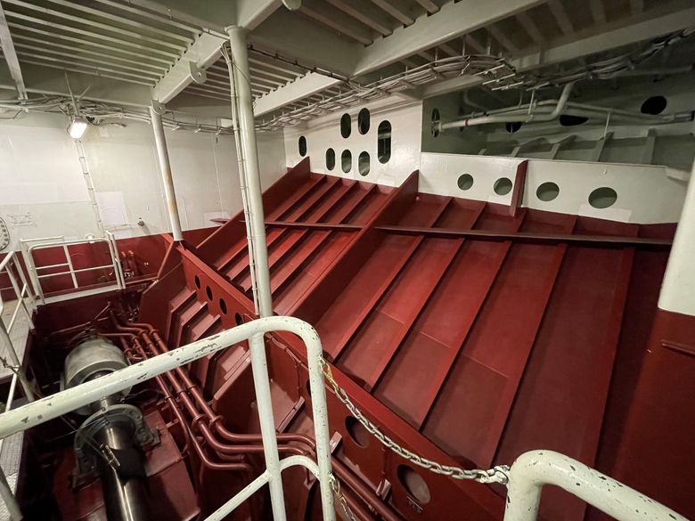 Within the M/V Tacoma’s shaft alley, the state plans to load up lithium-ion batteries. But a project to do the same on Tacoma’s sister boat M/V Wenatchee is one year behind schedule and more than $13 million over budget. (Josh Farley / The Seattle Times)