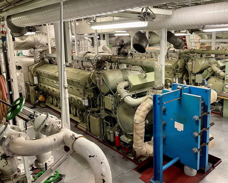 The four diesel engines of the M/V Tacoma, two of which are shown here, help make it one of the ferry fleet’s most reliable vessels. (Josh Farley / The Seattle Times)