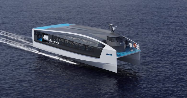 A computer-generated rendering shows Artemis Technologies&#8217; EF-24, a battery-powered ferry that operates on a hydrofoil, which is due to begin service in Northern Ireland later this year. (Courtesy Artemis Technologies)