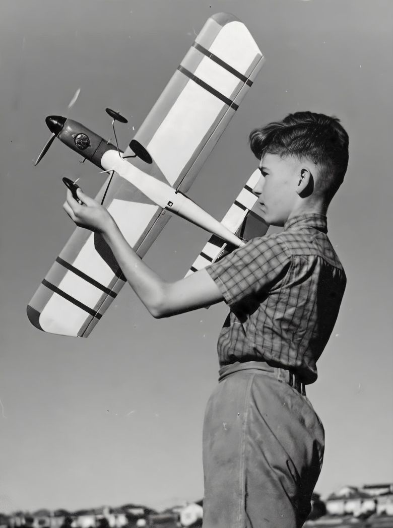 John Hart-Smith, with a model plan in Kew, Australia, circa 1950. (Courtesy of family)