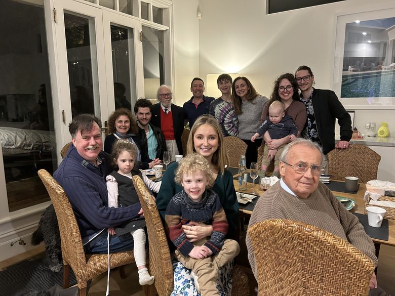 John Hart-Smith, right foreground, with daughters, grandchildren and great grandchildren in August 2023 at Brighton, Australia. (Courtesy of the family)