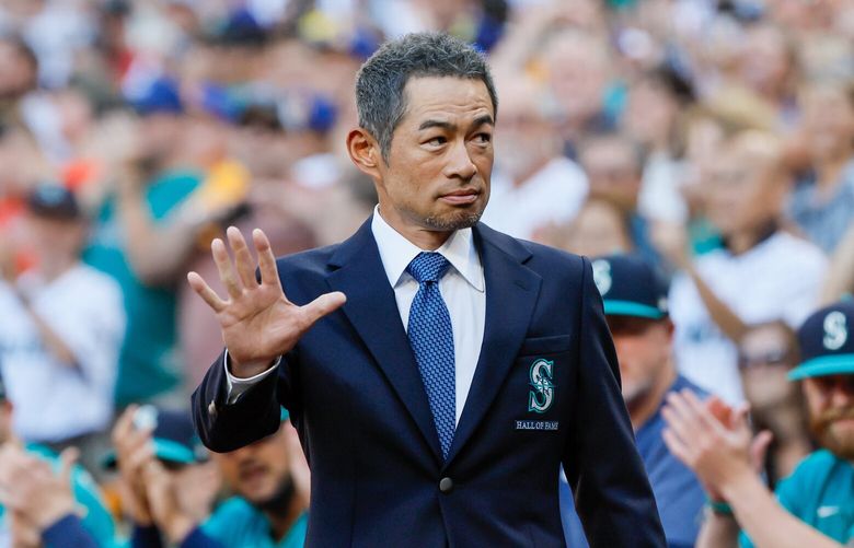 Ichiro Suzuki walks out onto the field during Felix Hernandez’s Hall of Fame induction ceremony.  224676