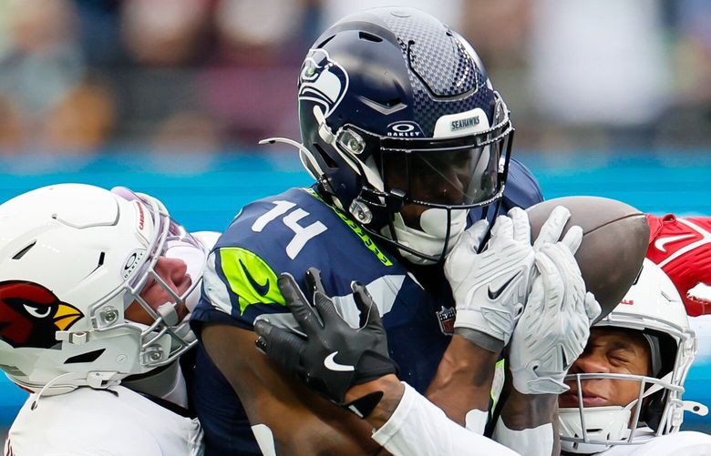 Arizona Cardinals cornerback Sean Murphy-Bunting, left, and safety Dadrion Taylor-Demerson, right, sandwich Seattle Seahawks wide receiver DK Metcalf as he tries to catch a long pass during the second quarter Sunday, Nov. 24, 2024 in Seattle. The ball would fall incomplete as Metcalf hit the ground.  228598