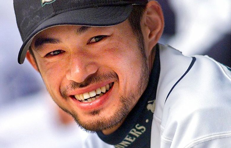 Mariners right fielder Ichiro Suzuki with a big smile before the Mariners 11th consecutive victory against Tampa Bay, April 14, 2001, in Seattle. 0358382366