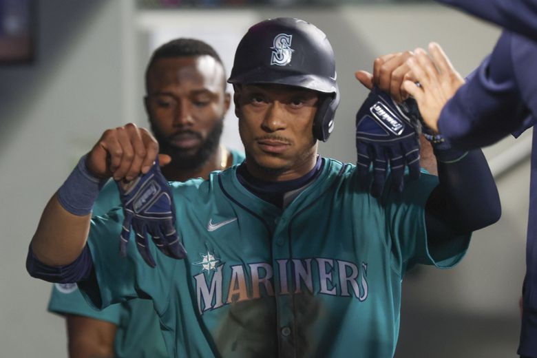 Seattle Mariners second baseman Jorge Polanco celebrates scoring a run against the San Francisco Giants, Aug. 24, 2024 in Seattle. (Ivy Ceballo / The Seattle Times)