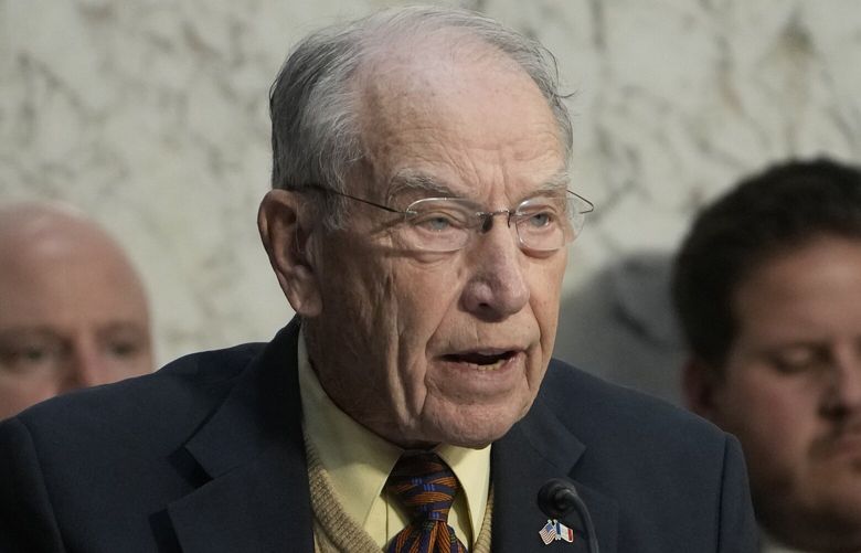 FILE – Sen. Chuck Grassley, R-Iowa, asks questions of FBI Director Christopher Wray during a Senate Judiciary Committee oversight hearing on Capitol Hill in Washington, Tuesday, Dec. 5, 2023. (AP Photo/Susan Walsh, File) NY326 NY326