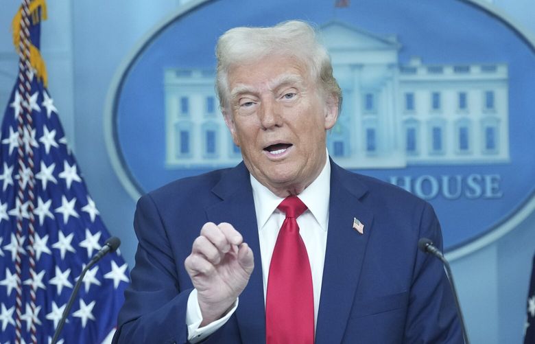 President Donald Trump speaks about a plane crash at Ronald Reagan Washington National Airport during a news conference at the White House in Washington, on Thursday, Jan. 30, 2025. An American Airlines jet carrying 64 people plunged into the Potomac River after colliding in midair with an Army helicopter on Wednesday night. (Doug Mills/The New York Times) XNYT0710 XNYT0710