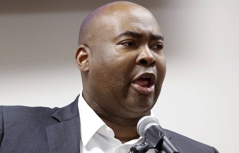 FILE – Jaime Harrison, chair of the Democratic National Committee, speaks at a meeting of the Democratic Committee of North Carolina at the Word of Tabernacle Church in Rocky Mount, N.C., May 23, 2024. (AP Photo/Karl B. DeBlaker, File) WX101 WX101