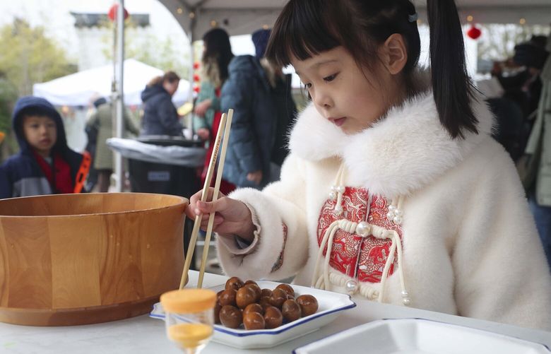Aria Yang, 5, of Kirkland, races against time in a chopstick game during a Lunar New Year celebration at the Seattle Chinese Garden at South Seattle College on Saturday Feb. 8, 2025.
229118