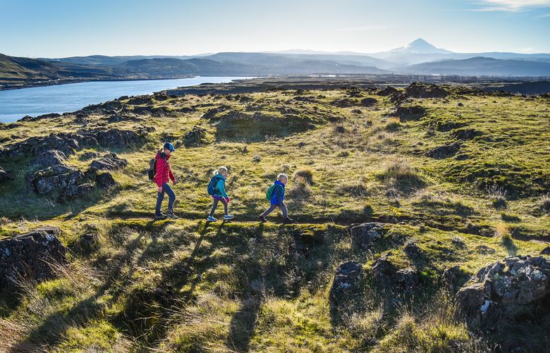A woman and her two children trek across the grassy Horsethief Butte on a clear, sunny day. They