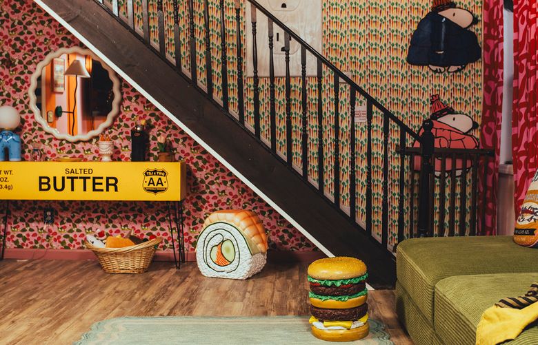 Oddly-shaped furniture pieces are having a moment. “I sort of based my entire life and personality around this silly burger stool,” Birdie Wood said. (George Etheredge/The New York Times)