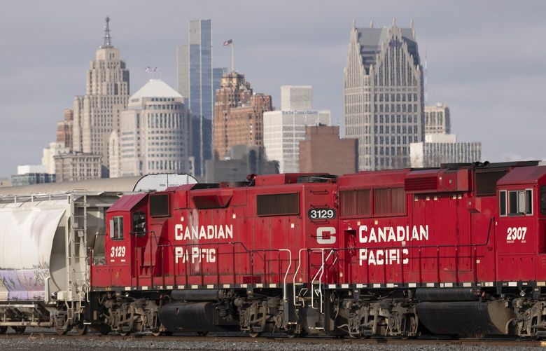 A freight train in Windsor, Ontario, Canada, Feb. 1, 2025. President Trump has ordered 25 percent tariffs on most Canadian products. (Ian Willms/The New York Times) XNYT0590