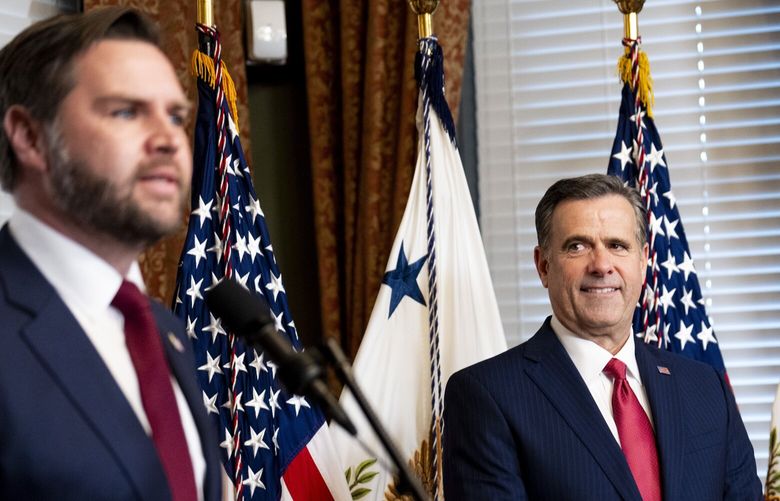 FILE — John Ratcliffe, the CIA director, at his swearing-in ceremony with Vice President JD Vance in Washington, Jan. 23, 2025. The CIA sent the White House an unclassified email listing all employees hired by the spy agency over the last two years to comply with an executive order to shrink the federal work force, in a move that former officials say risked the list leaking to adversaries. (Doug Mills/The New York Times) XNYT0550 XNYT0550