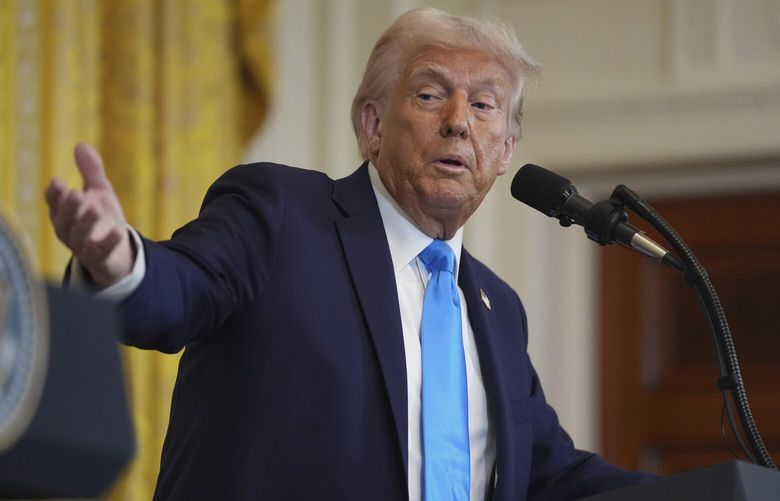 President Donald Trump speaks during a news conference with Israel’s Prime Minister Benjamin Netanyahu in the East Room of the White House, Tuesday, Feb. 4, 2025, in Washington. (AP Photo/Evan Vucci) DCJE419 DCJE419