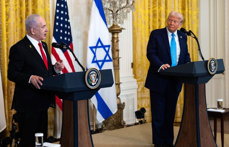 President Donald Trump, right, with Prime Minister Benjamin Netanyahu of Israel at a news conference at the White House on Tueday, Feb. 4, 2025. Trump’s proposal to transfer millions of people out of Gaza was hailed by the Israeli right and condemned by Palestinians. Some experts say it may be a negotiating tactic. (Tierney L. Cross/The New York Times) XNYT0657 XNYT0657