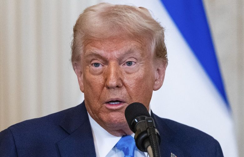 President Donald Trump speaks during a news conference with Prime Minister Benjamin Netanyahu of Israel at the White House in Washington, on Tuesday, Feb. 4, 2025. When President Trump announced his proposal for the United States to take ownership of Gaza on Tuesday, he shocked even senior members of his own White House and government. (Eric Lee/The New York Times) XNYT0441 XNYT0441