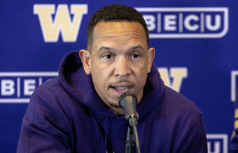 UW defensive coordinator Ryan Walters speaks about the upcoming season during a press conference Monday in Seattle. (Nick Wagner / The Seattle Times)