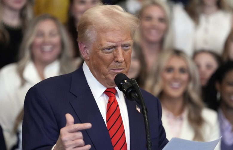 President Donald Trump speaks before signing an executive order barring transgender female athletes from competing in women’s or girls’ sporting events, in the East Room of the White House, Wednesday, Feb. 5, 2025, in Washington. (AP Photo/Alex Brandon) DCJE323 DCJE323