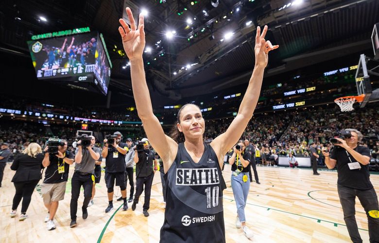 Sue Bird salutes the Storm fans after her season and career ended with a 97-92 loss to the Las Vegas Aces in Game 4 of the WNBA Semifinals on Sept. 6. Bird, who turned 42 in October, played her entire 21 year career with the Storm.